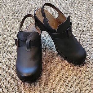 THOM MCAN brown leather clogs with back strap.  Buckle accent.  Size 8.